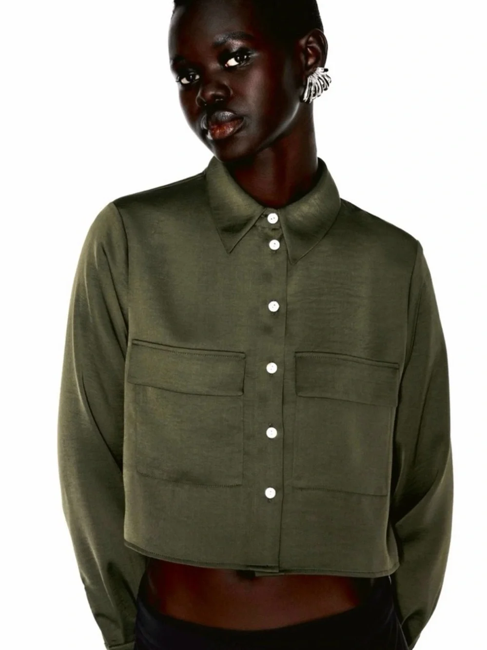 Zara Green Military Crop Top Satin Effect Pockets Size Small 8996/851/505/S NWT